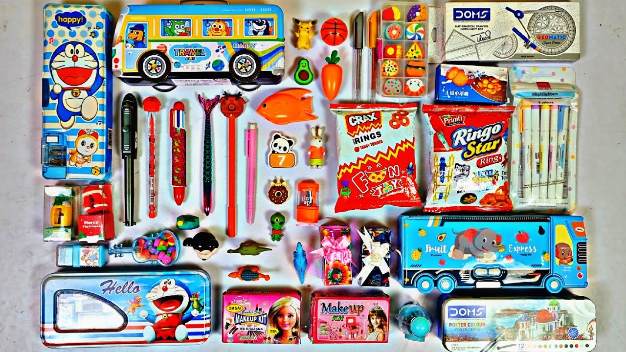 Huge stationery toys collection - doraemon pencil case, Helicopter pen, pencil sharpner, crax rings