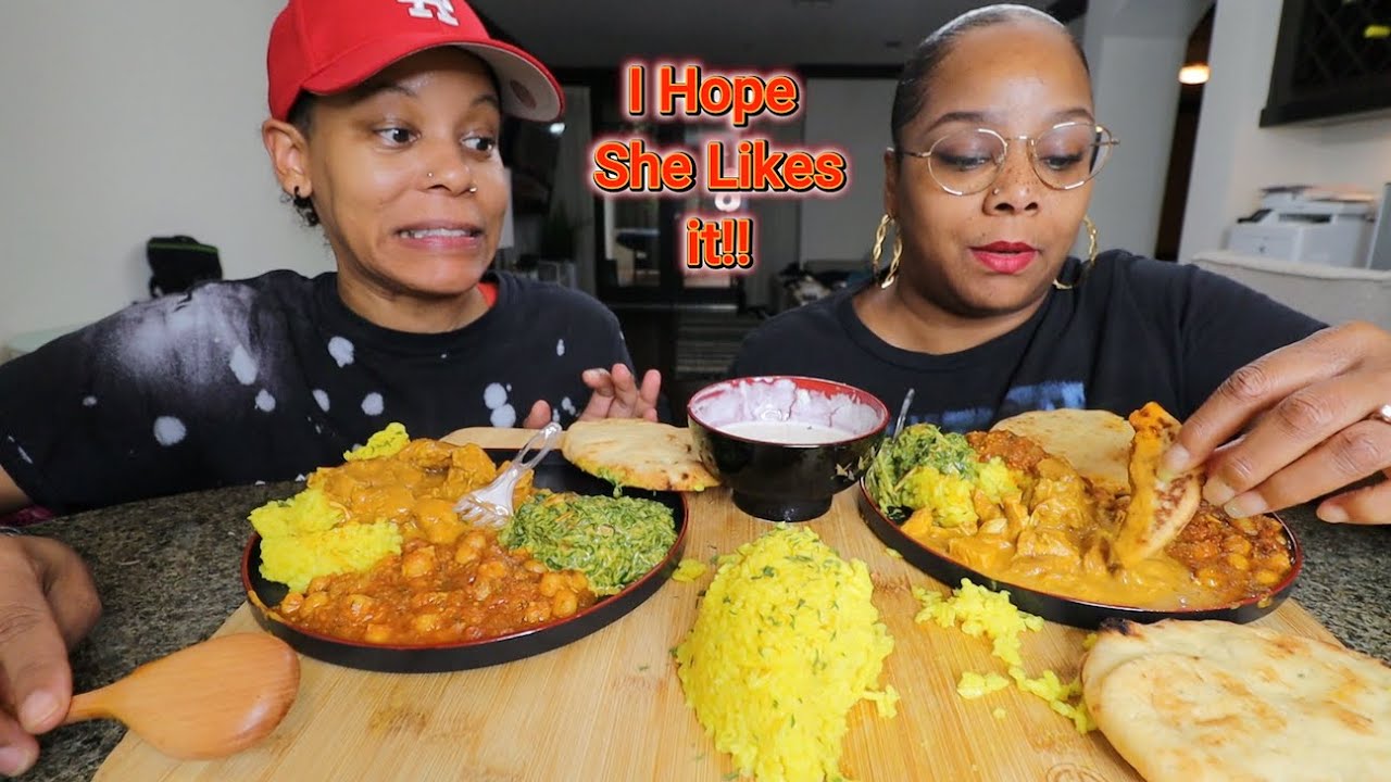 FIRST TIME TRYING HOMEMADE INDIAN FOOD MUKBANG (CURRY CHICKEN, CHANA MASALA & CREAMY SAAG