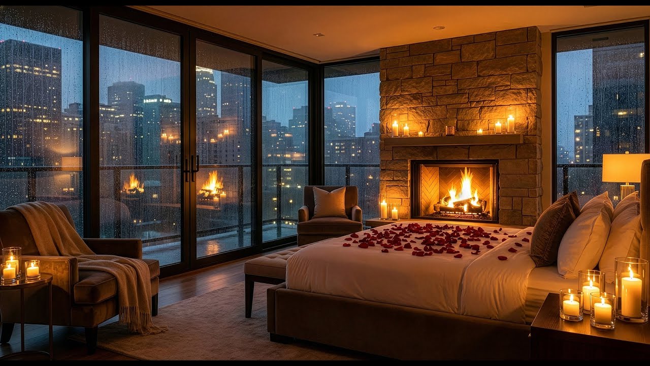 Valentine Fireplace Ambience | Romantic Rain, Soft Crackling Fire | 3 Hours Luxury Atmosphere