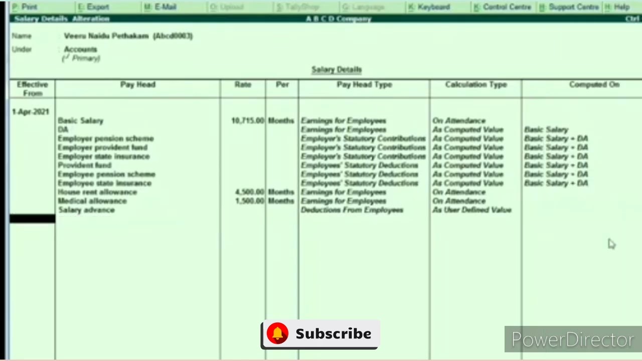 Tally ERP 9 - how to define every employee salary pay heads in payroll management ( తెలుగు)