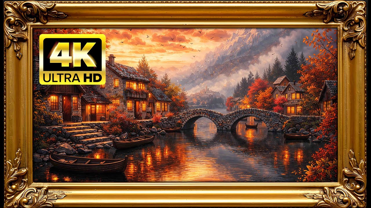 Autumn Riverside Village at Golden Hour Cozy Mountain Landscape Frame TV 4K