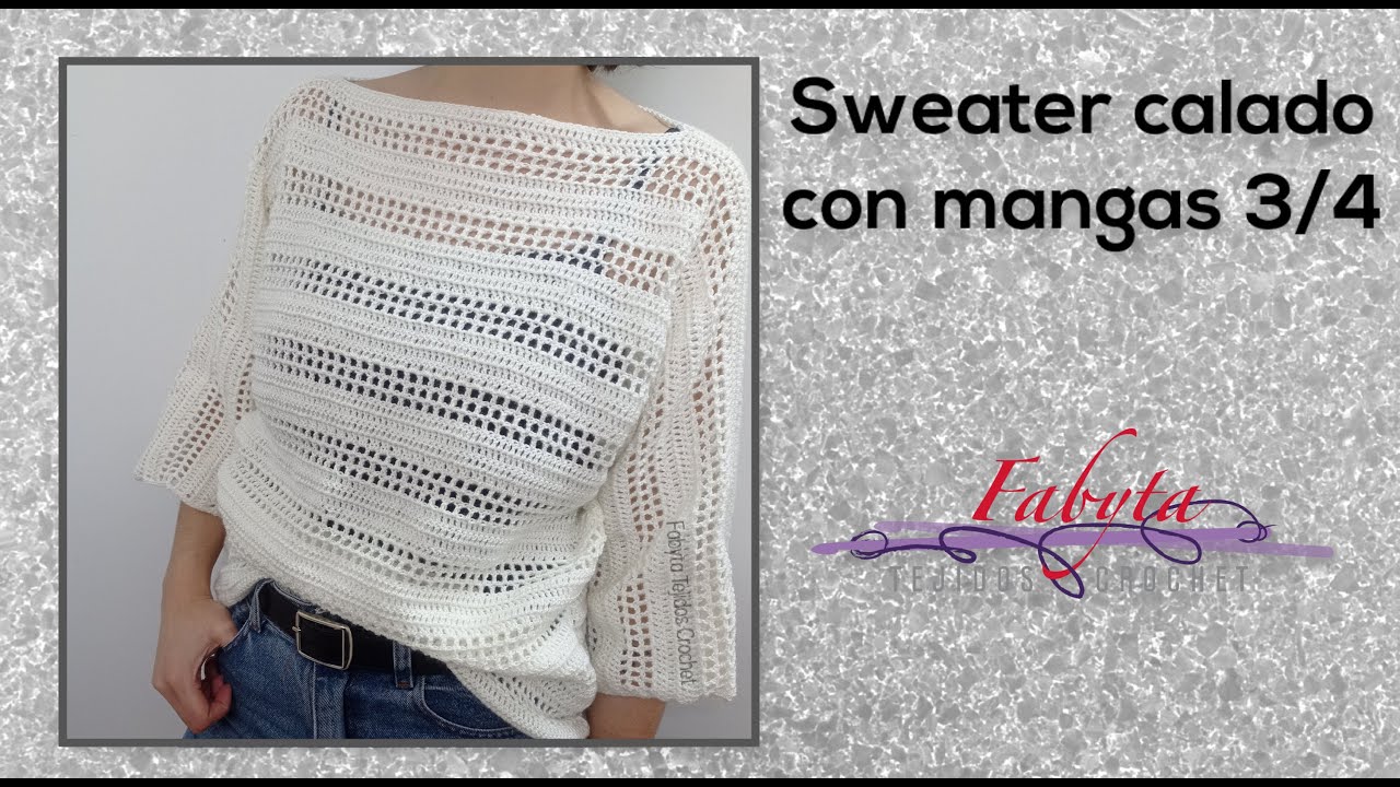 Sweater calado con mangas 3/4, un abrigo suave para media estacion en crochet o ganchillo