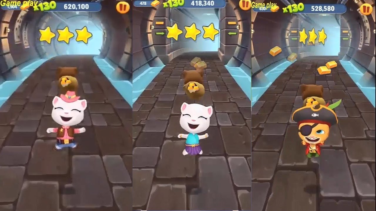 Talking Tom Gold Run  Gameplay - Cowboy Angela vs Pirate Ginger vs Neon Angela - Catch the Raccoon