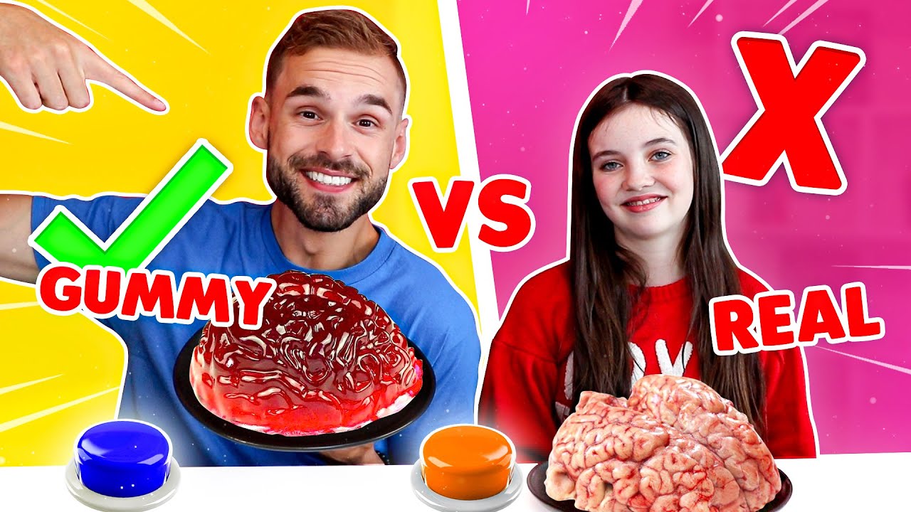 GUMMY VS REAL MYSTERY KNOPPEN CHALLENGE met GEWOON THOMAS - Bibi