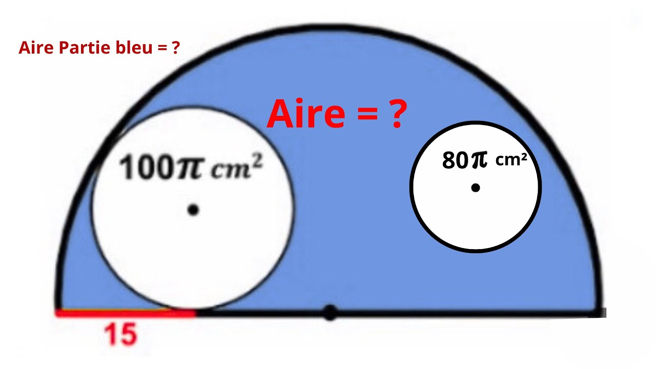 Aire (partie bleu) non occupée dans un demi-cercle | Problème géométrique avec cercles inscrits