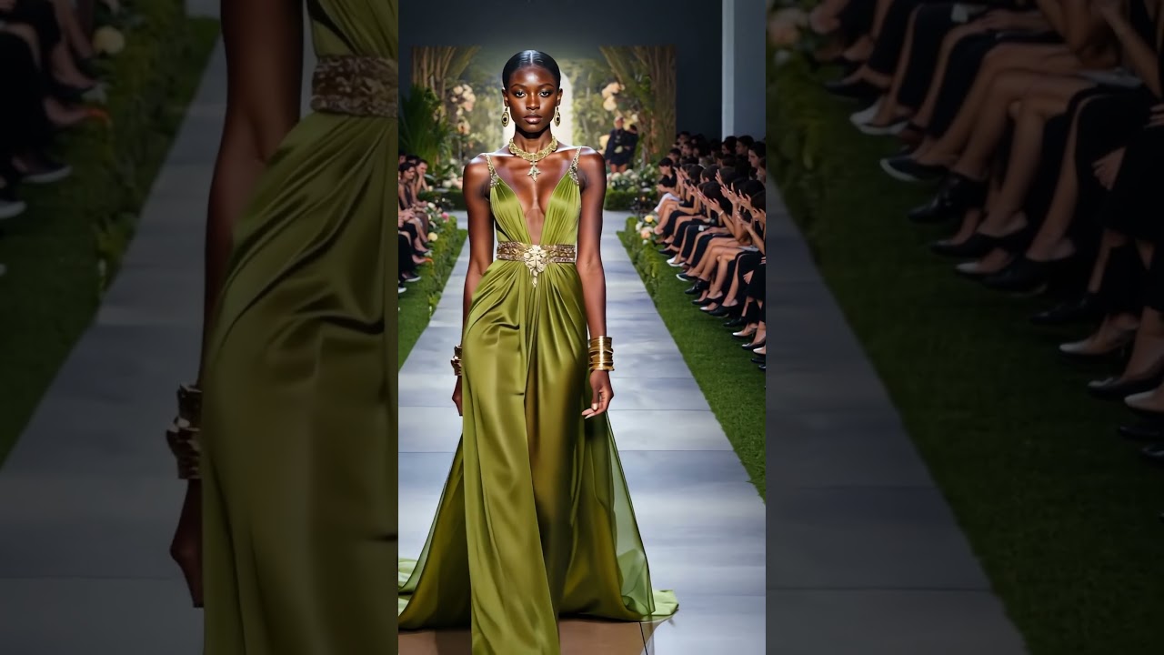Mesmerizing Fashion Model Walks the Ramp in Stunning Olive Green Couture Gown with Gold Accessories