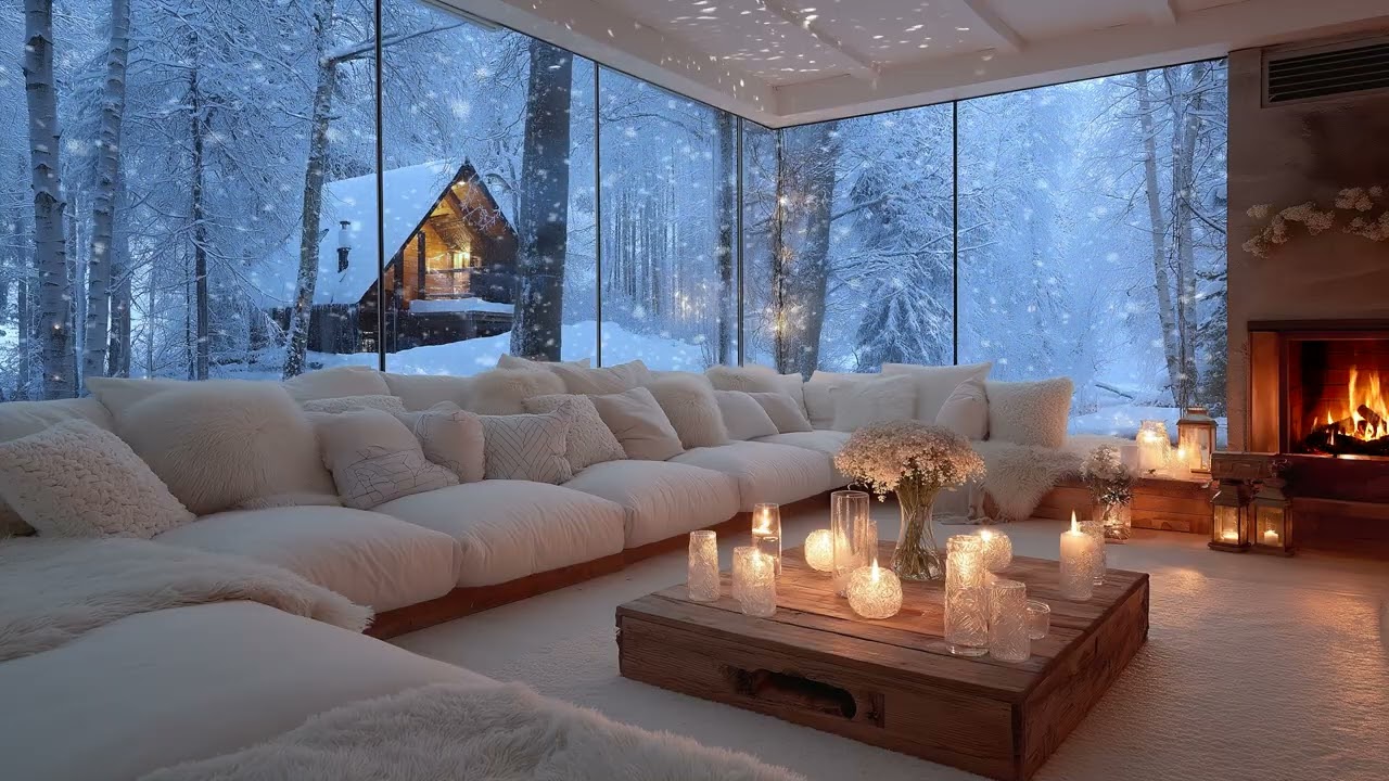 🔥🎶 Warm Fireplace Piano Music | White Lounge Winter Night 3 Hours | Stress Relief & Study Focus