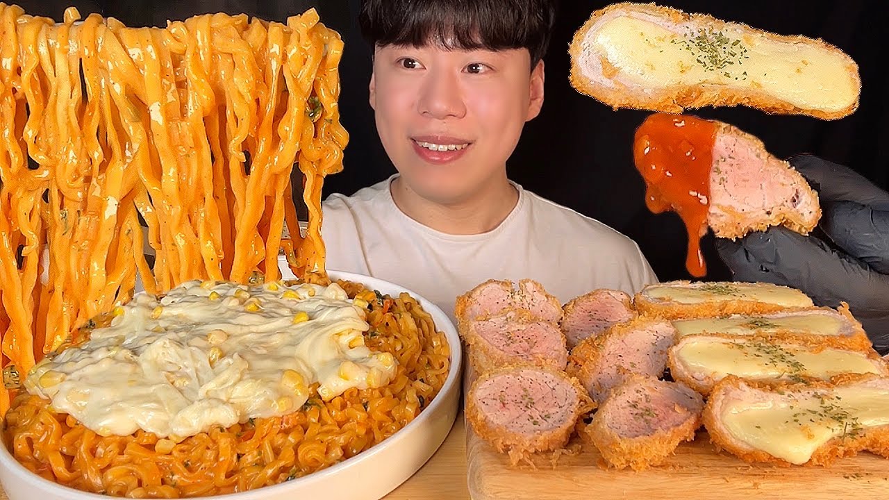 СУБ) Корейская кухня, кукурузно-сырный крем, джин чжамбонг и сырная свиная котлета мукбанг