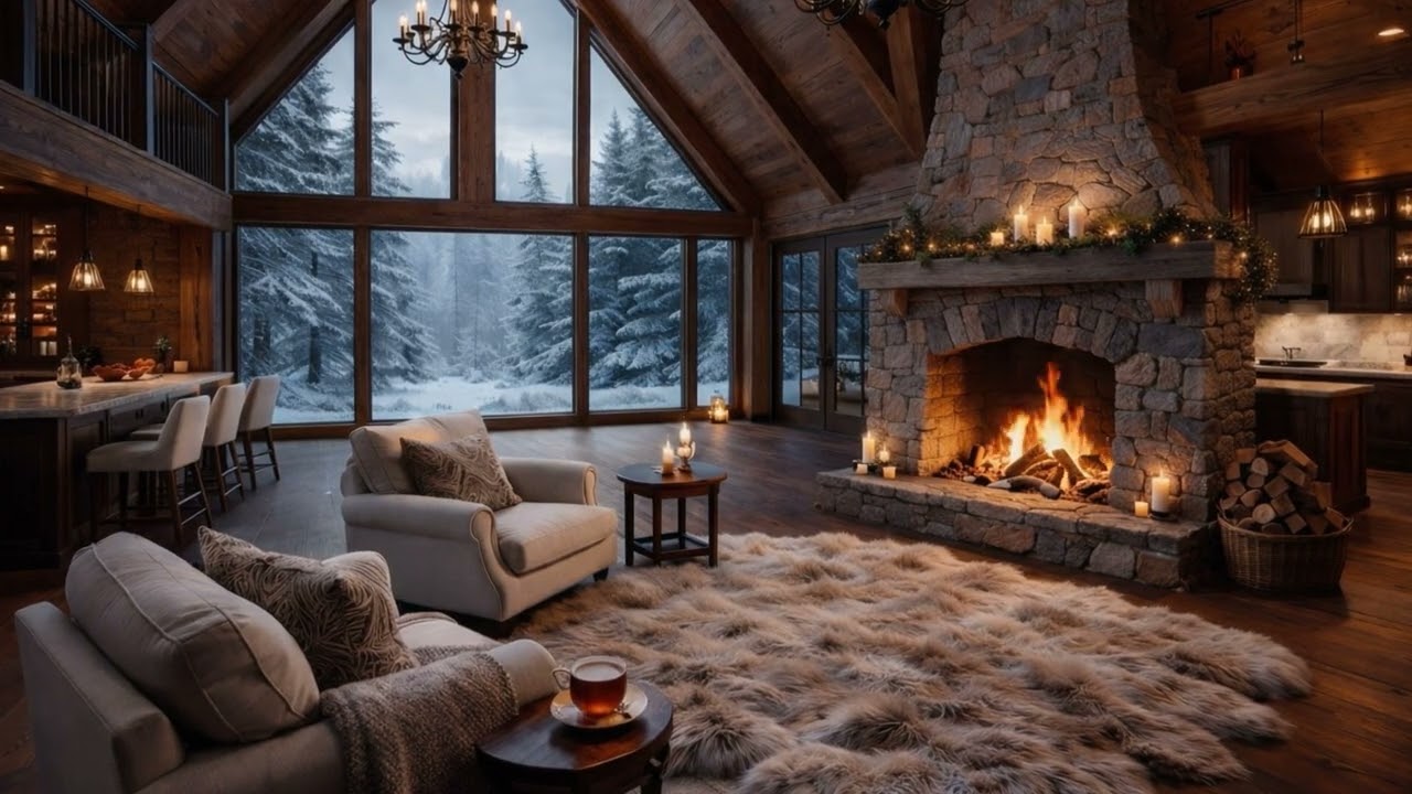 Winter Lodge Day | Crackling Fireplace & Soft Jazz | Cozy Snow Ambience