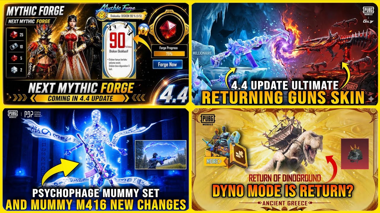 🔴 &lrm;4.4 NEXT MYTHIC FORGE | M416 MUMMY IS BACK | HOWL AUG SWITCH ANIMATION | 4.4 NEW DINO MODE PUBGM