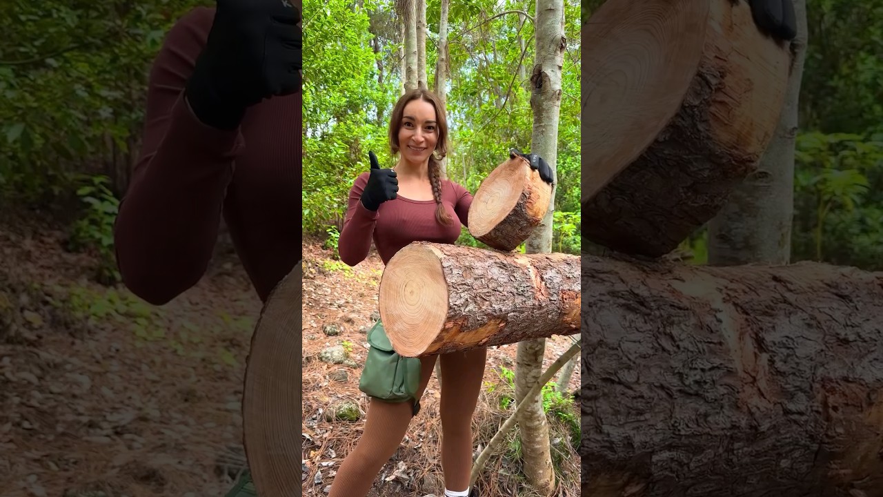 Her genius trick makes sawing logs a breeze! 🤯🔥 #outdoors #bushcraft #survival #lifehack