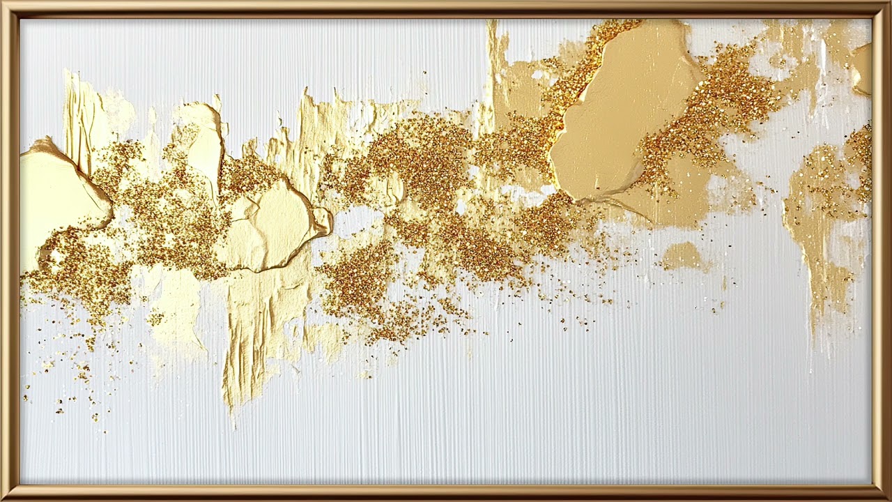 White & Gold Vintage Abstract Painting for TV Art Display | Elegant Golden Frame Wall Decor | 2H
