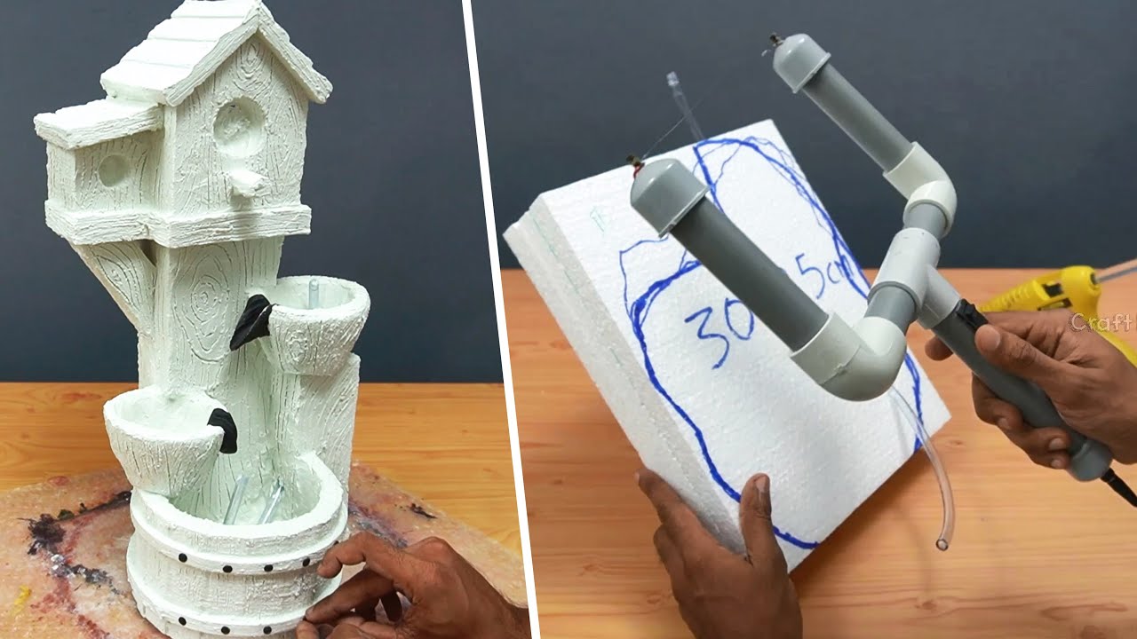 Amazing Top 2 Home Made Fake Wood Water Fountains | Making DIY Water Fountain Using Styrofoam
