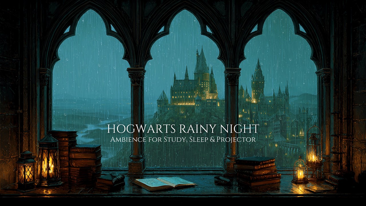 Hogwarts Rainy Night Ambience 🏰 Castle Window View & Rain Sounds for Reading [4K Wall Projector]