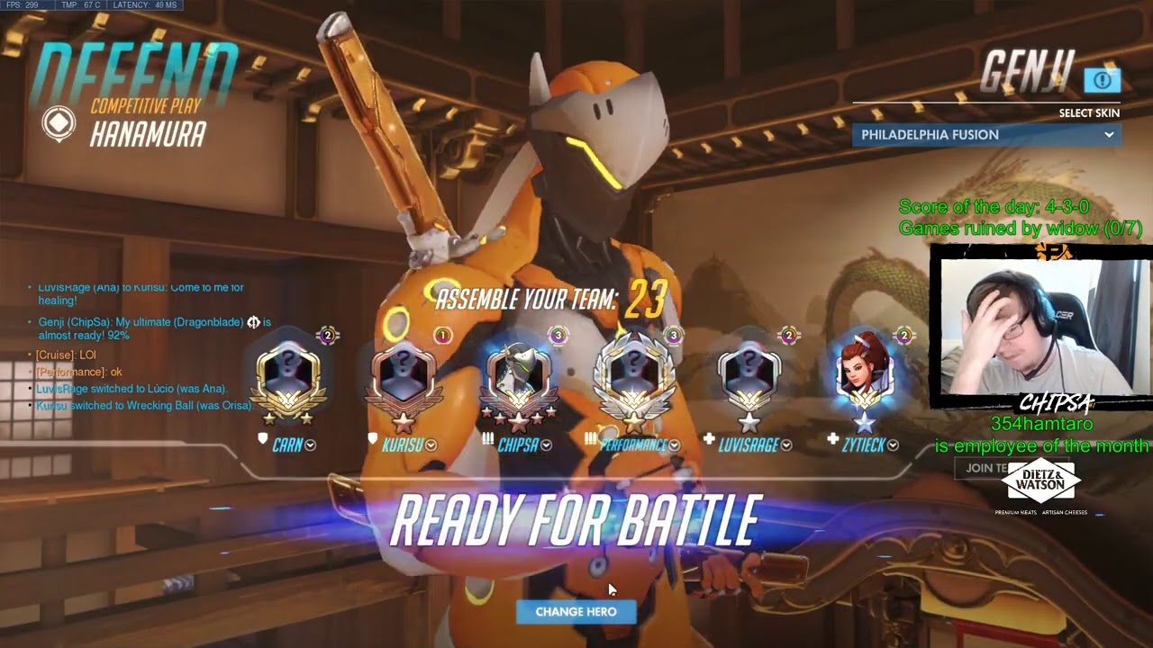 Overwatch Чипса играет за Гэндзи и бросает в конце