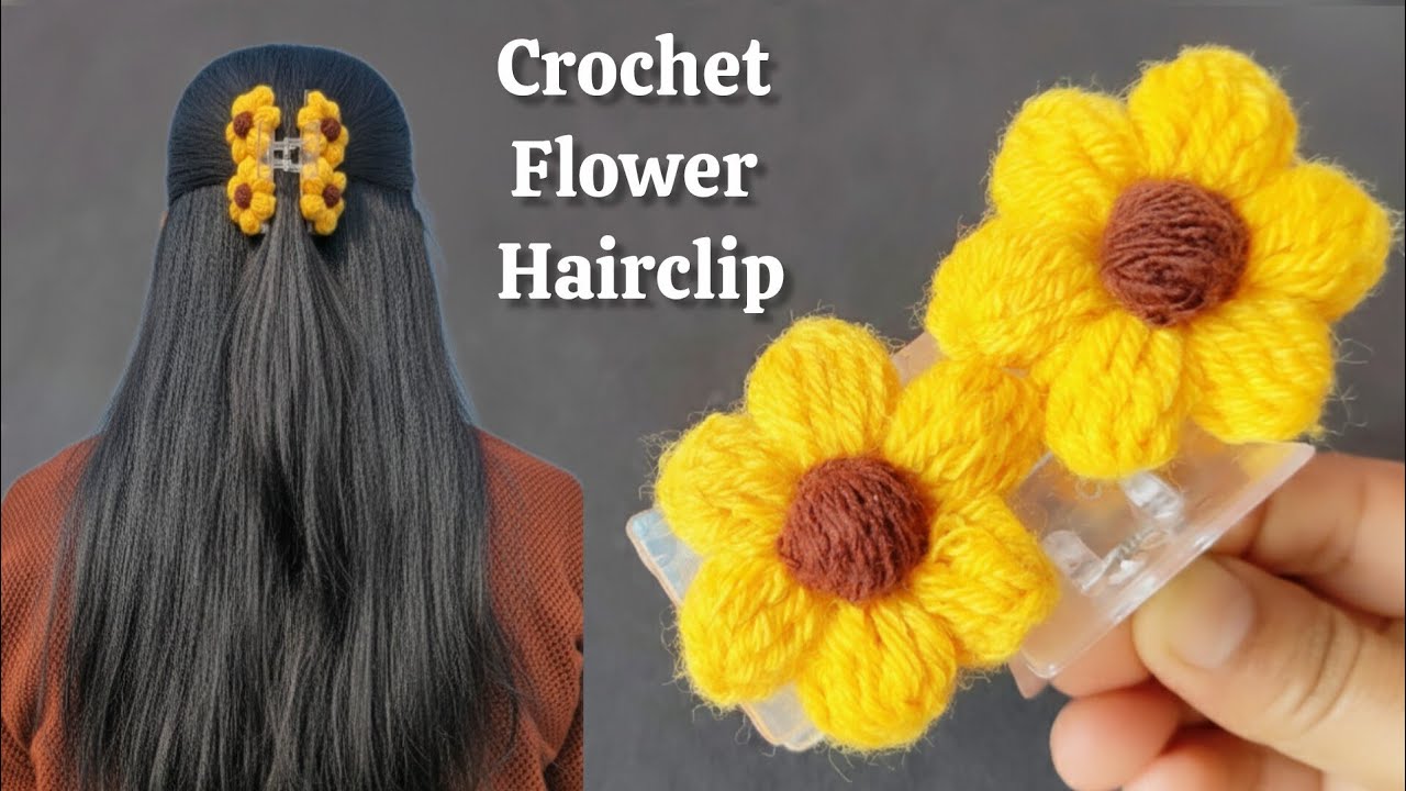 Crochet puff flower Hair Clip🌻Full Tutorial #crochet #priyazkraft