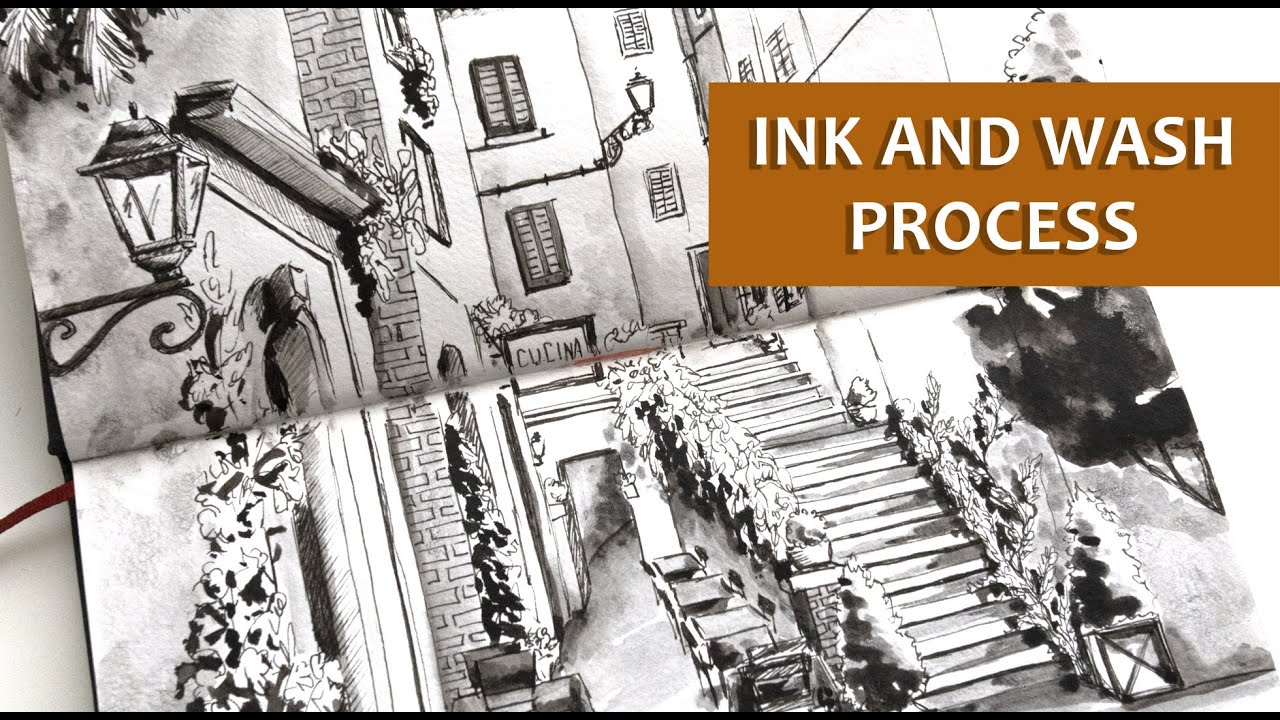 Come disegnare con la stilo e dipingere a china una via della città  - Ink and wash process -