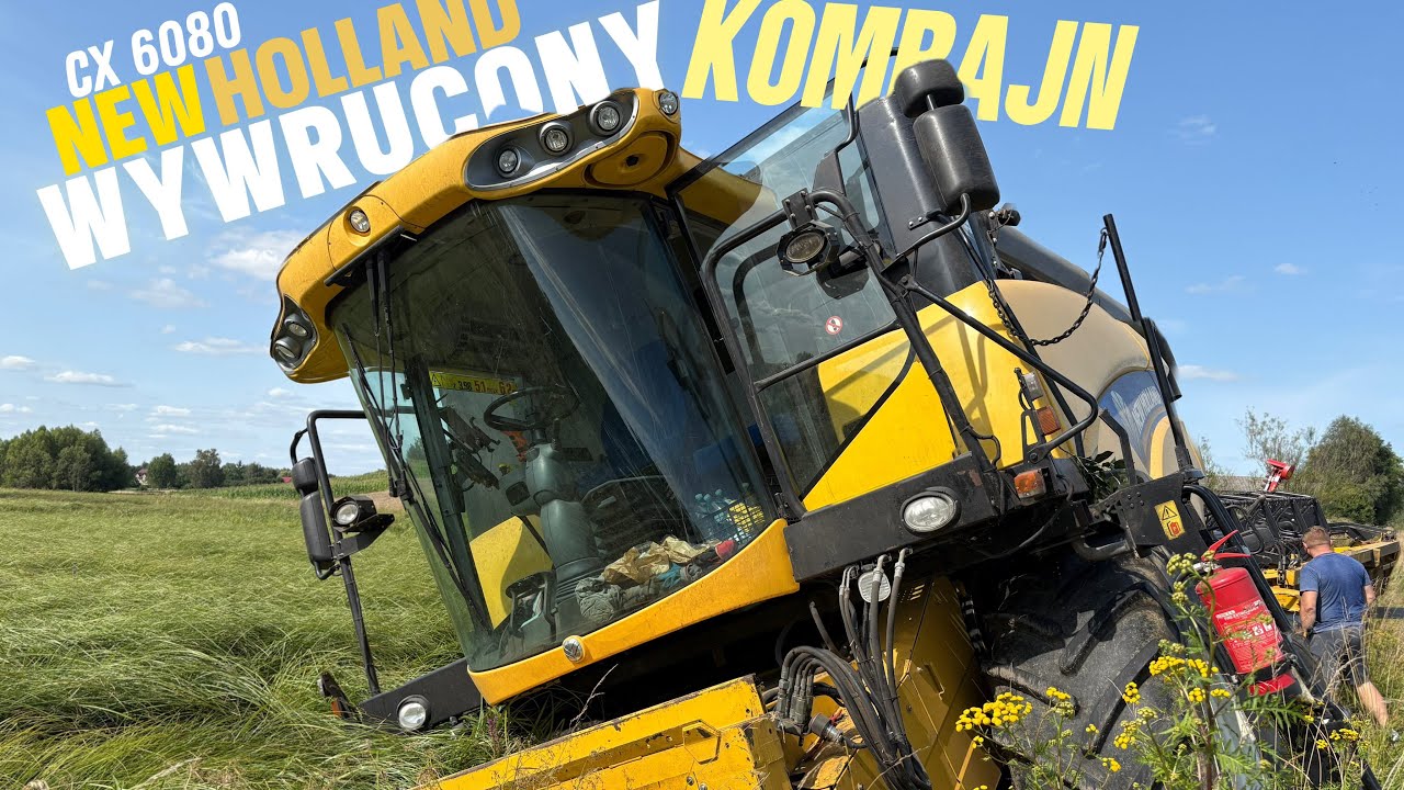 Żniwa 2025 Wywrócony Kombajn wyciąganie na dwa ciągniki New Holland T7 230 & John Deere 6170r.