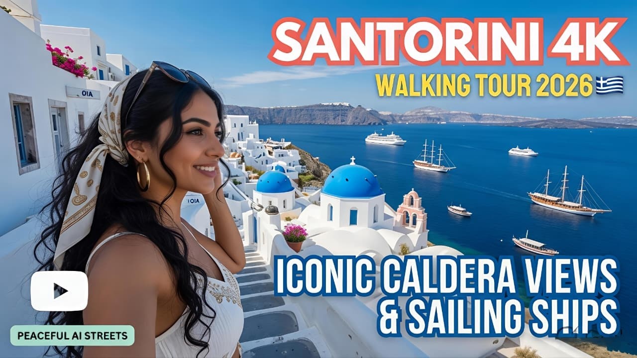 Santorini Greece 4K Walking Tour AI | Caldera Views, Sailing Ships, Peaceful Streets
