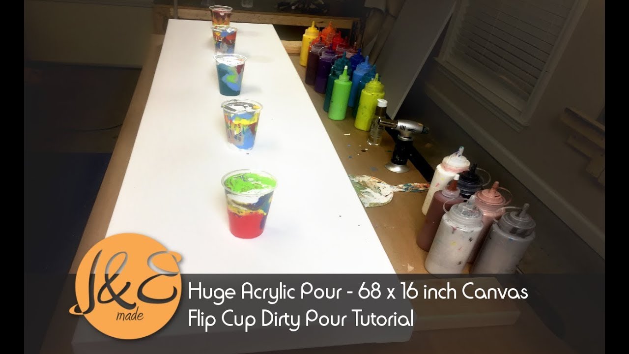 Acrylic Pour -Large Canvas - 68 x 16 inch canvas! Tutorial - 5 Flip Cups