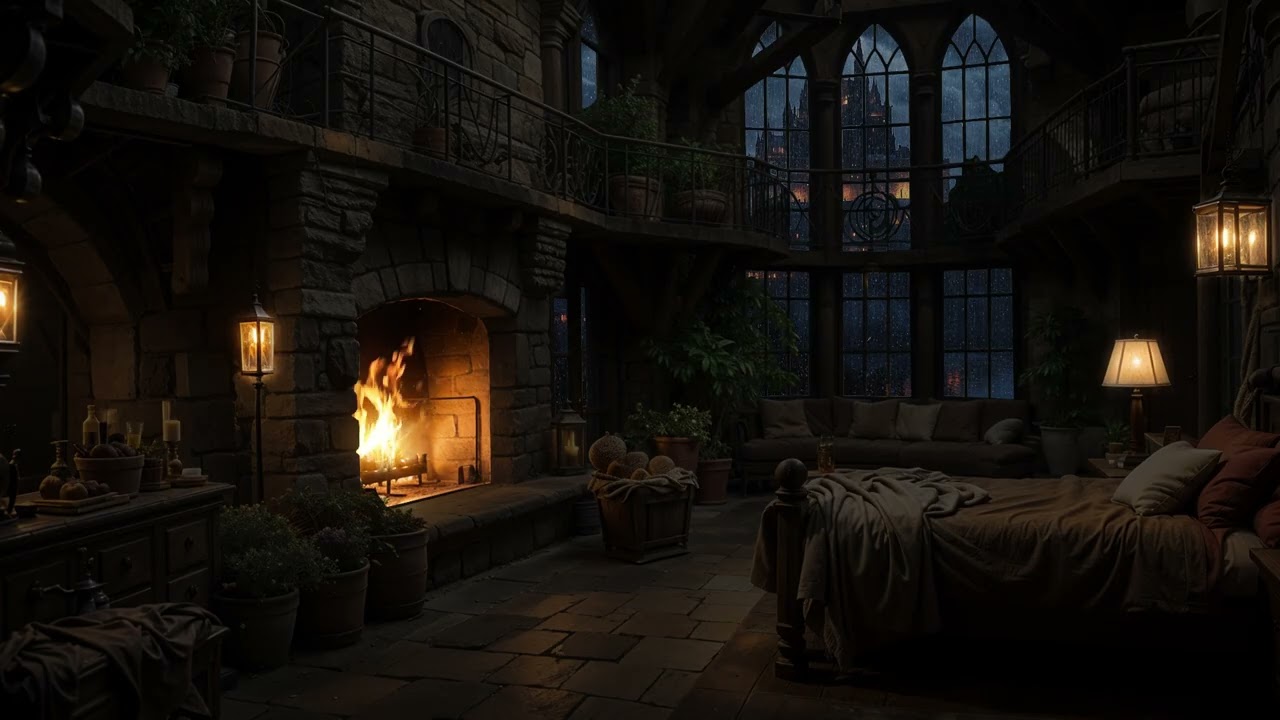 Rainfall Through Ancient Stone Halls 🏰 Cozy Fireplace Atmosphere for Deep Sleep and Inner Renewal