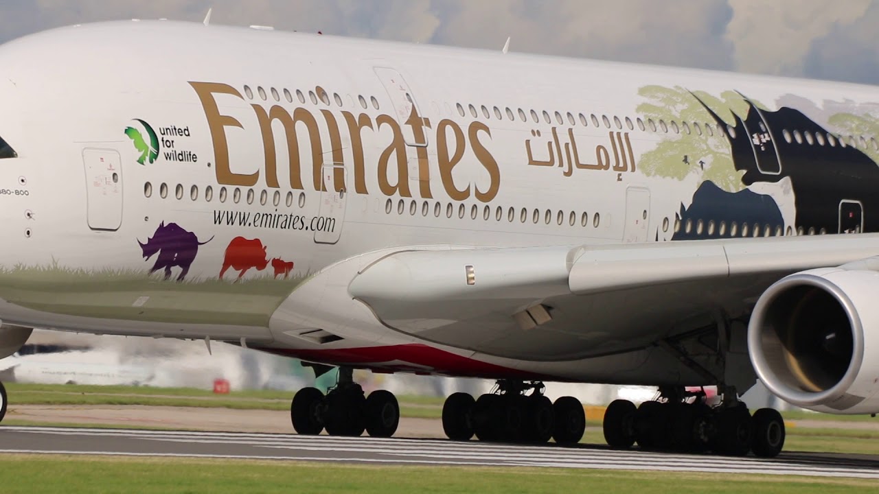 WILDLIFE Livery Emirates Airlines EK18 A6-EER Airbus A380-861 takeoff Manchester 12/09/17