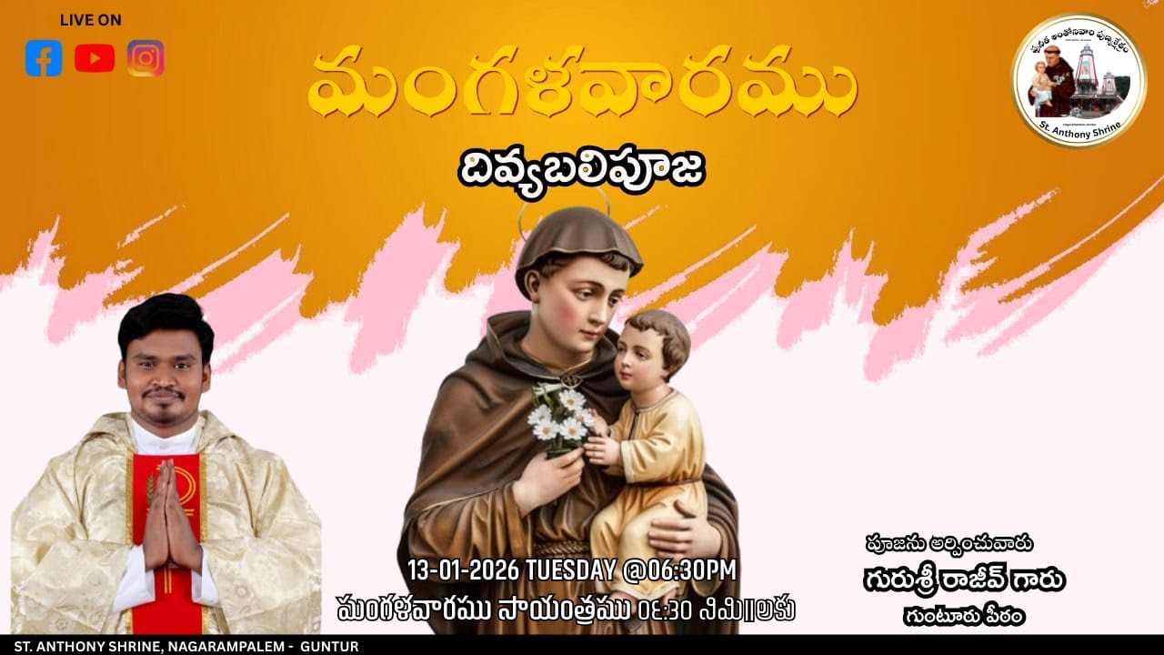 Live.మంగళవారం దివ్య పూజ బలి. గురు శ్రీ రాజీవ్ తాళ్లూరి.పునీత అంతోని వారి పుణ్య క్షేత్రము.