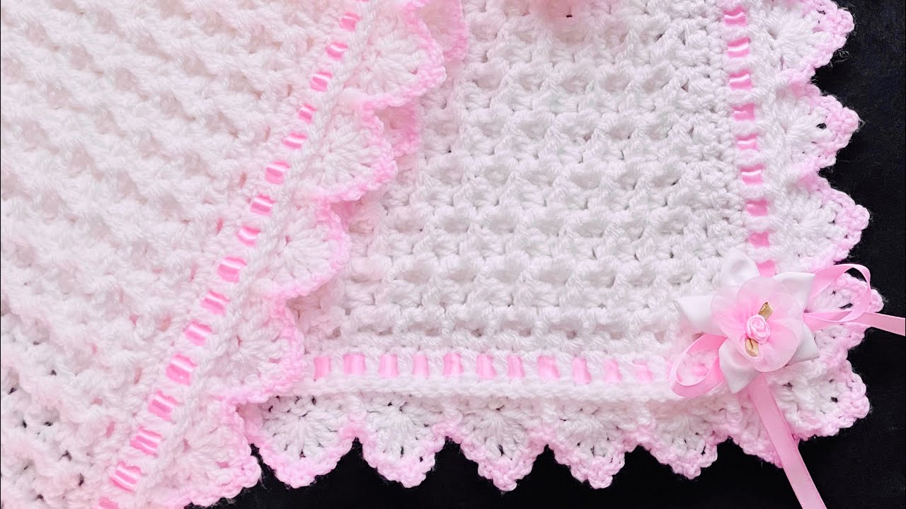 Easy Crochet  Snowdrop Baby Blanket with Beautiful Fans Border ver 1