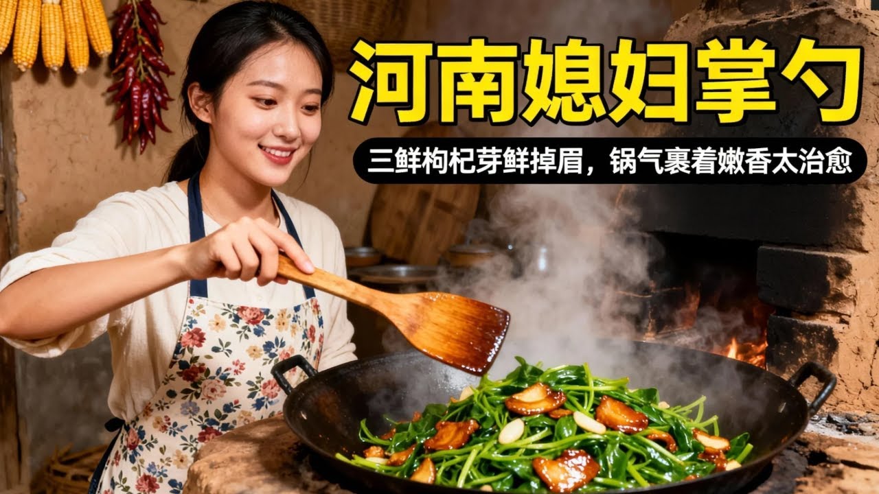 河南媳婦掌勺✨ 三鮮枸杞芽鮮掉眉，鍋氣裹著嫩香太治愈#美食#日常#农村美食