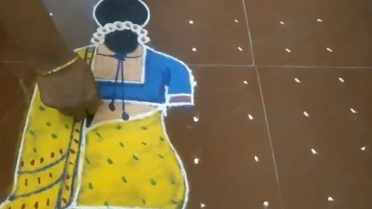 easy Mattu pongal kolam with 7×7 dots/ girl with pongal pot rangoli/sankranti 
