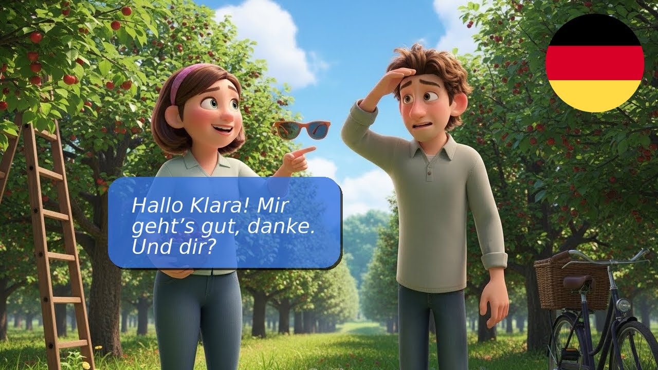 10 einfache Deutsch-Dialoge (A1-A2) im Kirschgarten: Alltagssituationen üben