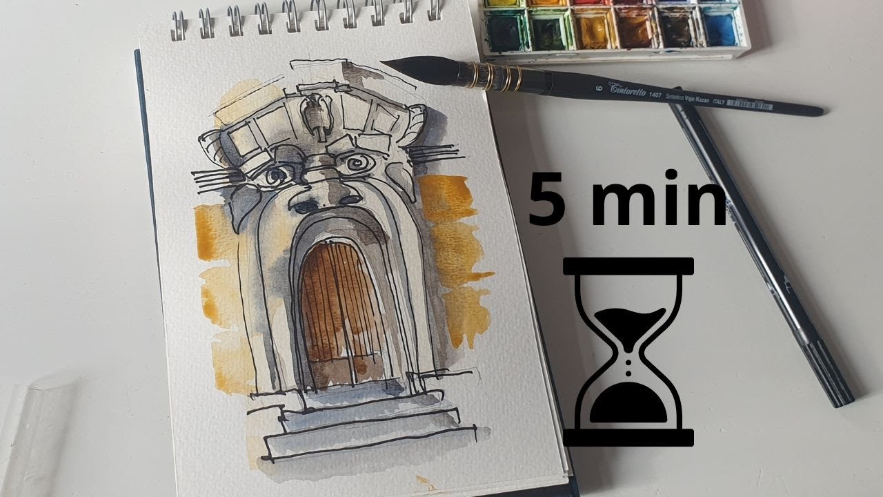 Aquarelle facile: dessin d’architecture / croquis de voyage porte d’immeuble à Rome, Italie