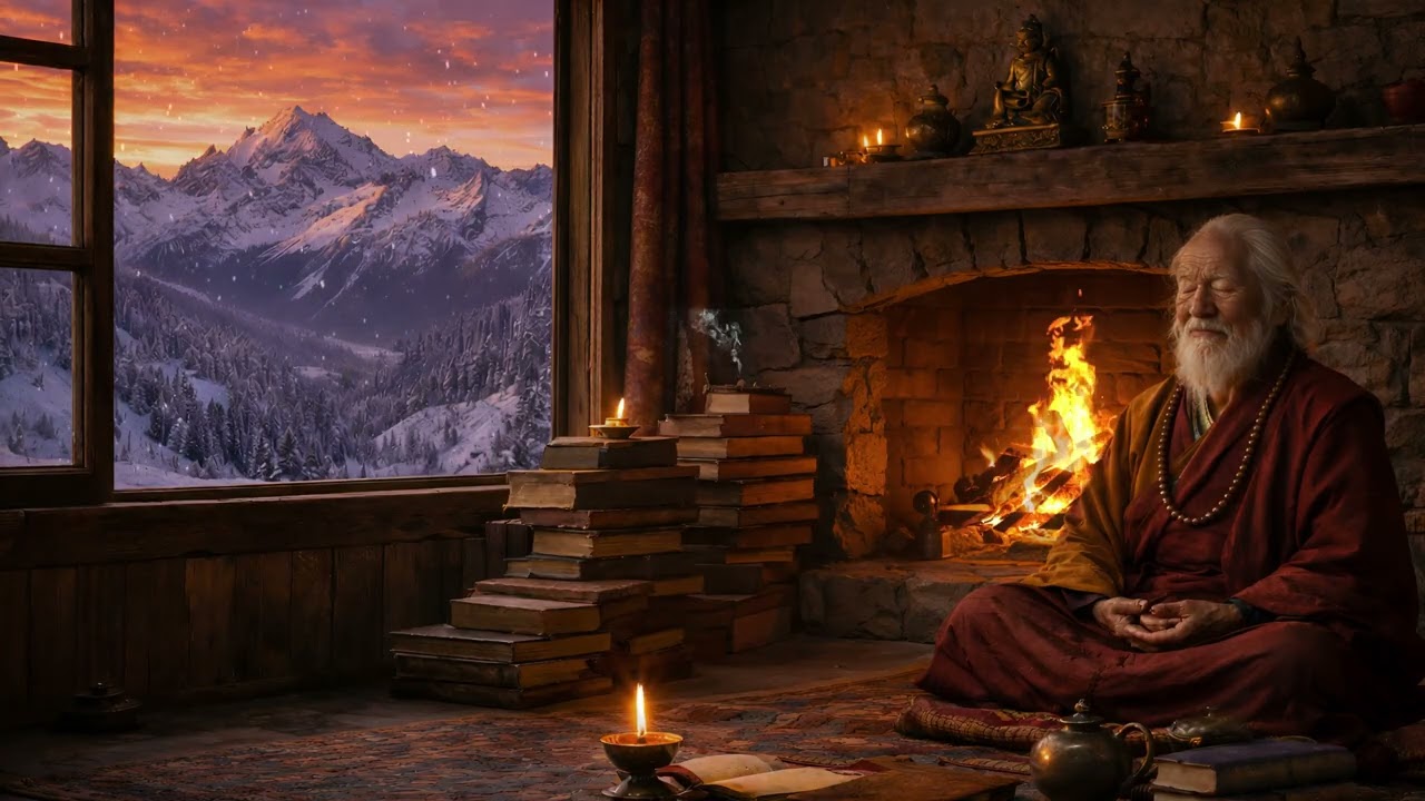 Cozy Fire & Tibetan Bowl Ambience 🔥Sleep Ambience — Fire Crackling & Deep Calm