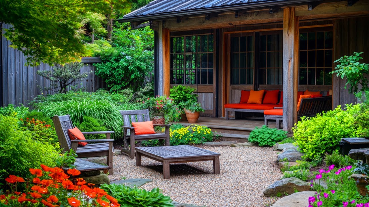 Serene Japanese Zen Courtyard in a Rustic Farmhouse Setting