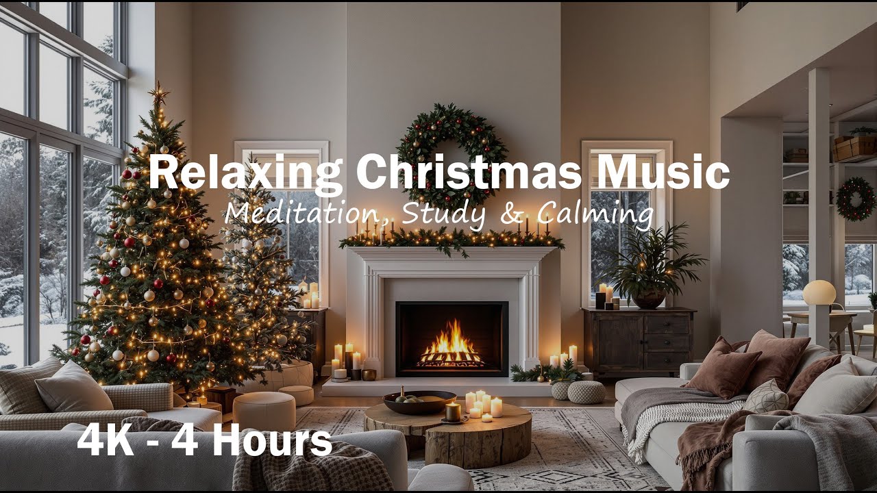 4K Cozy Christmas Music Screensaver | Relaxing Holiday Easy Listening | Fireplace Ambience