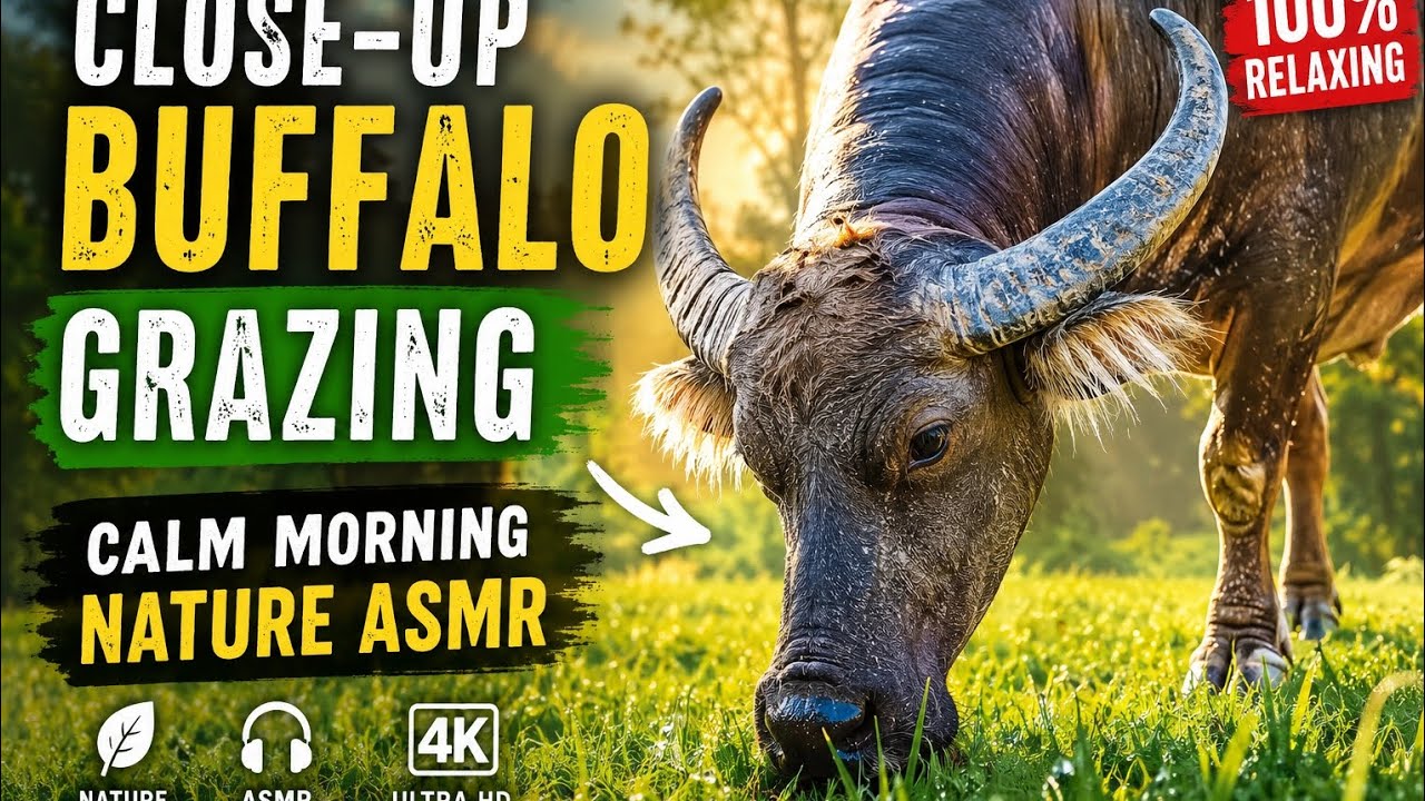 Close-Up Buffalo Grazing Calm Morning Grass | Nature ASMR #BuffaloGrazing #ASMRNatureSounds 