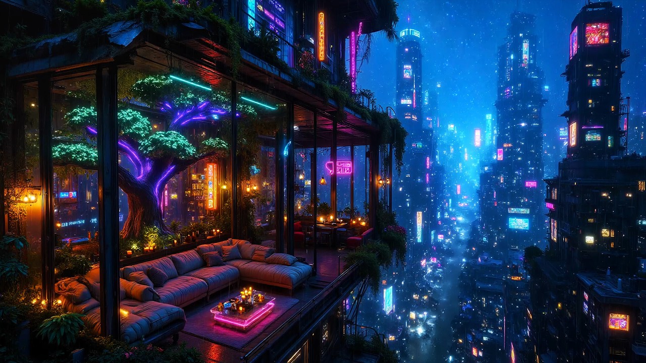 Lofi Ambient – Cozy Futuristic Balcony Rain with Glowing Tree | Deep Focus and Relaxation | 4K
