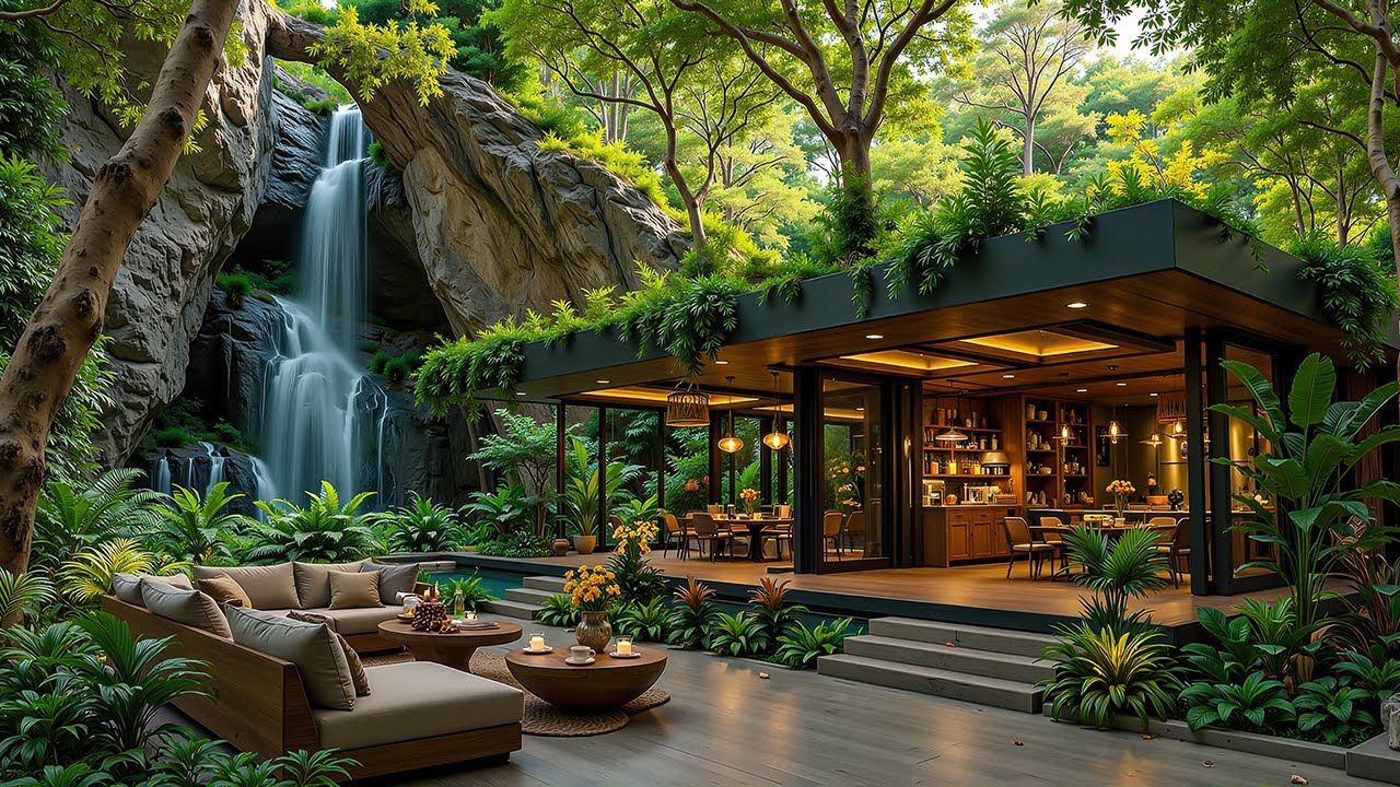 Calm Nature Retreat Jazz – Waterfall Café Ambience with Peaceful Spring Jazz for Study & Reading