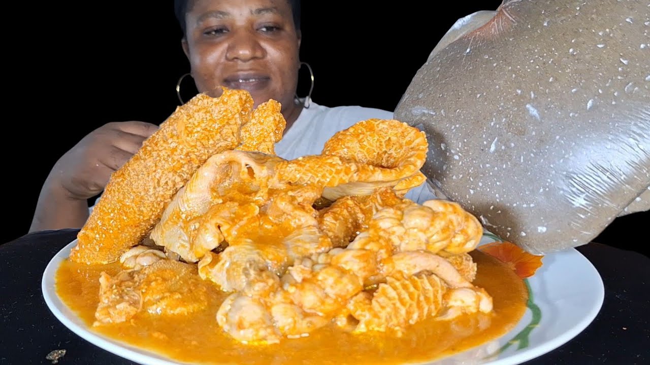 African food mukbang assorted goat meat pepper soup and dry plantain fufu