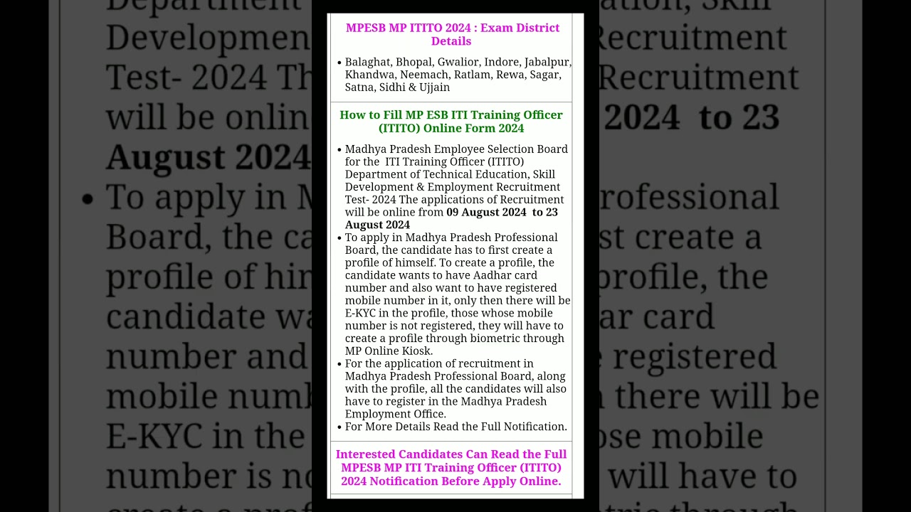 MPESB ITI Training Officer ITITO Recruitment Test 2024 Apply Online for 450 Post