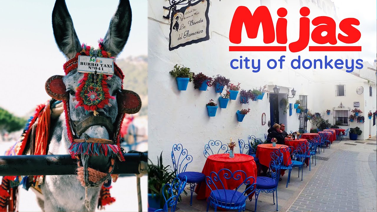 4K Walk tour Mijas Pueblo, Spain - city of donkeys.  April 2022. Costa del Sol