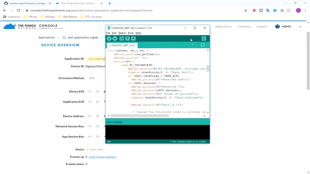 TTGO ESP32 LoRaWAN ABP Method Example