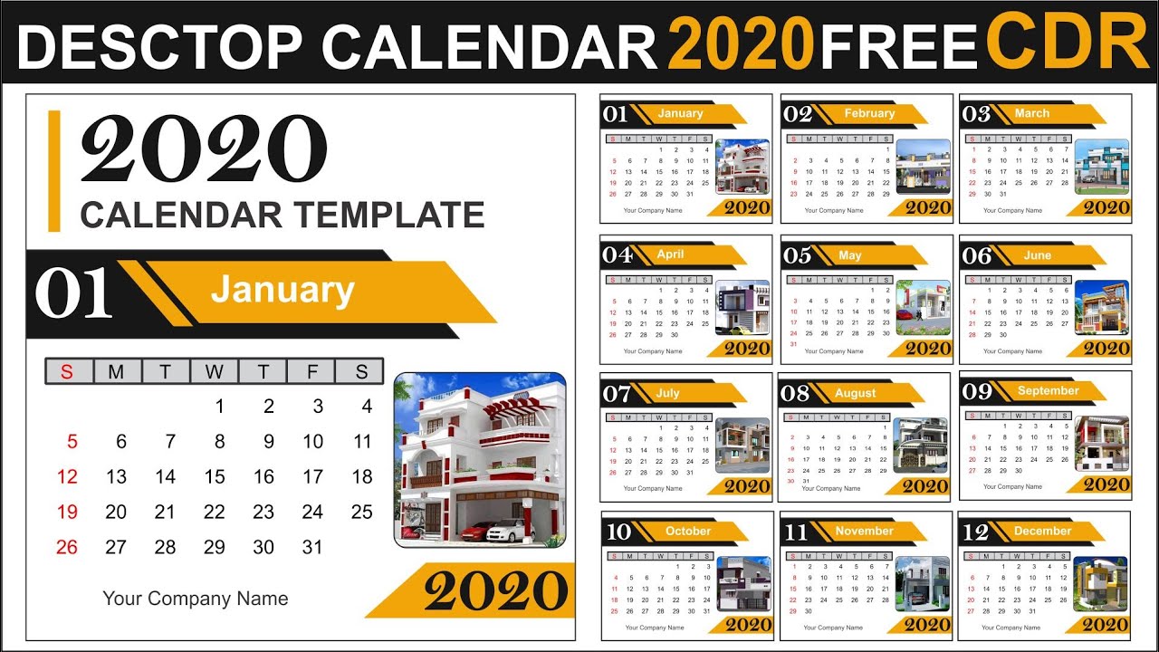 Desctop Calendar 2020 month by month CDR free download By: Hamza Graphics