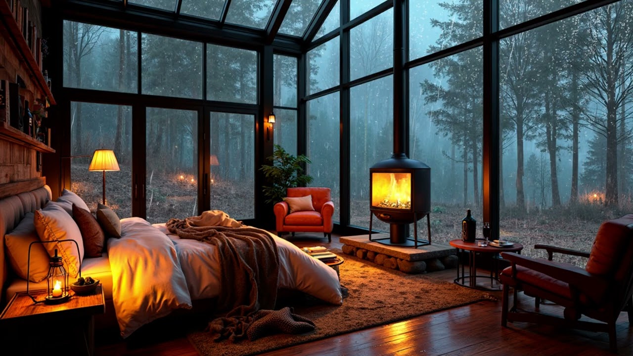 Rain Sounds in a Modern Glass Forest Cabin | Cozy Fireplace Bedroom Night Retreat