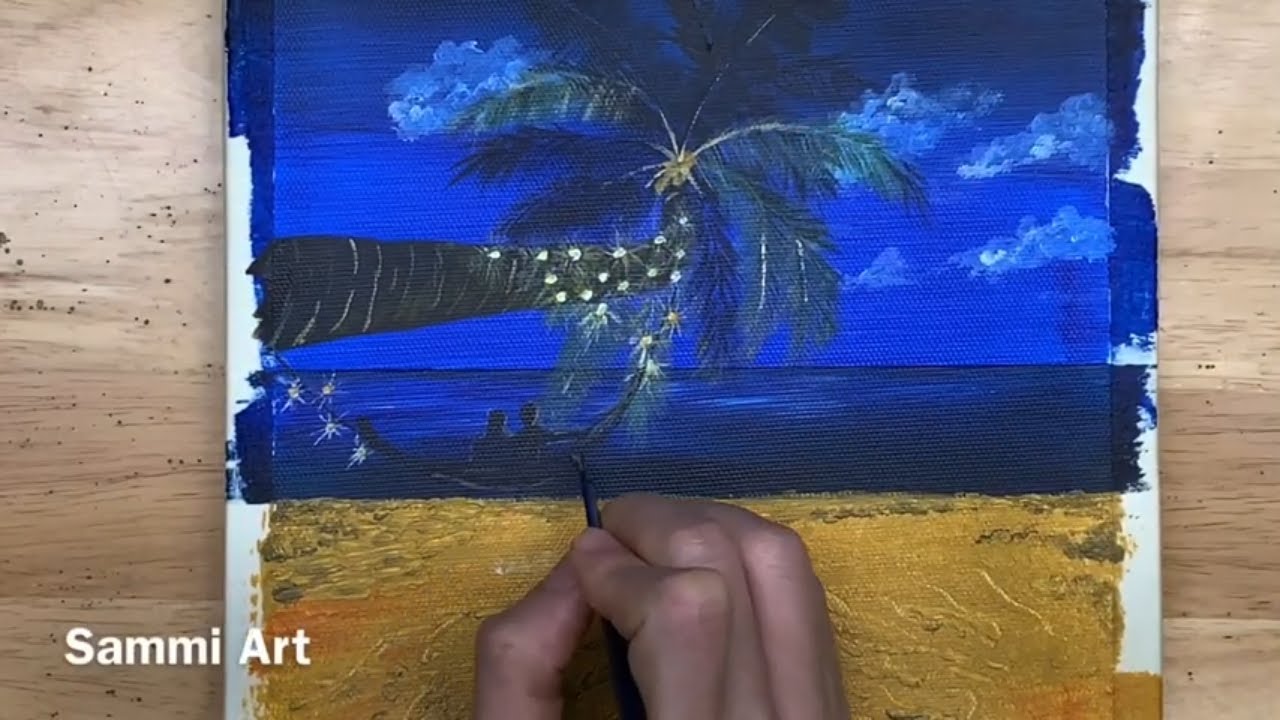 Daily challenge #79/Beach at night / Acrylic painting/Easy Painting