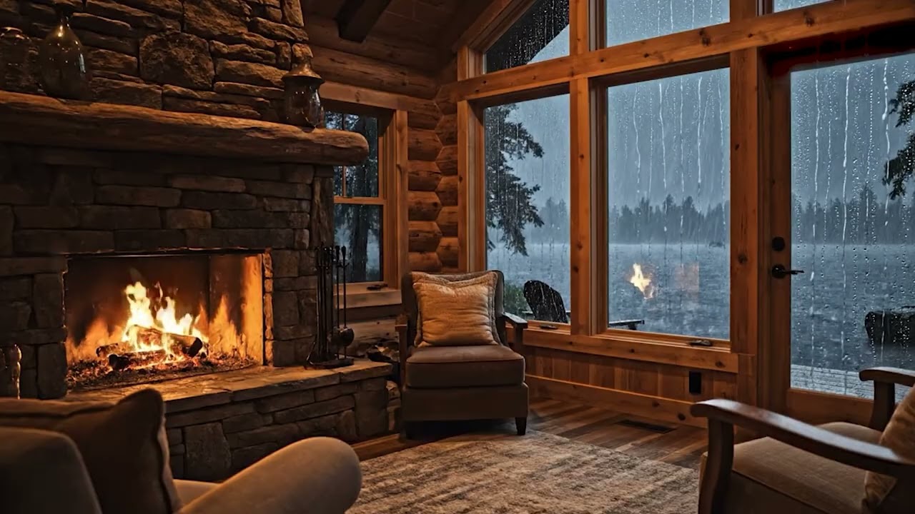 🌧️ Lakeside Cabin | Fireplace & Rain Ambience | 12 Hours for Sleep & Relaxation