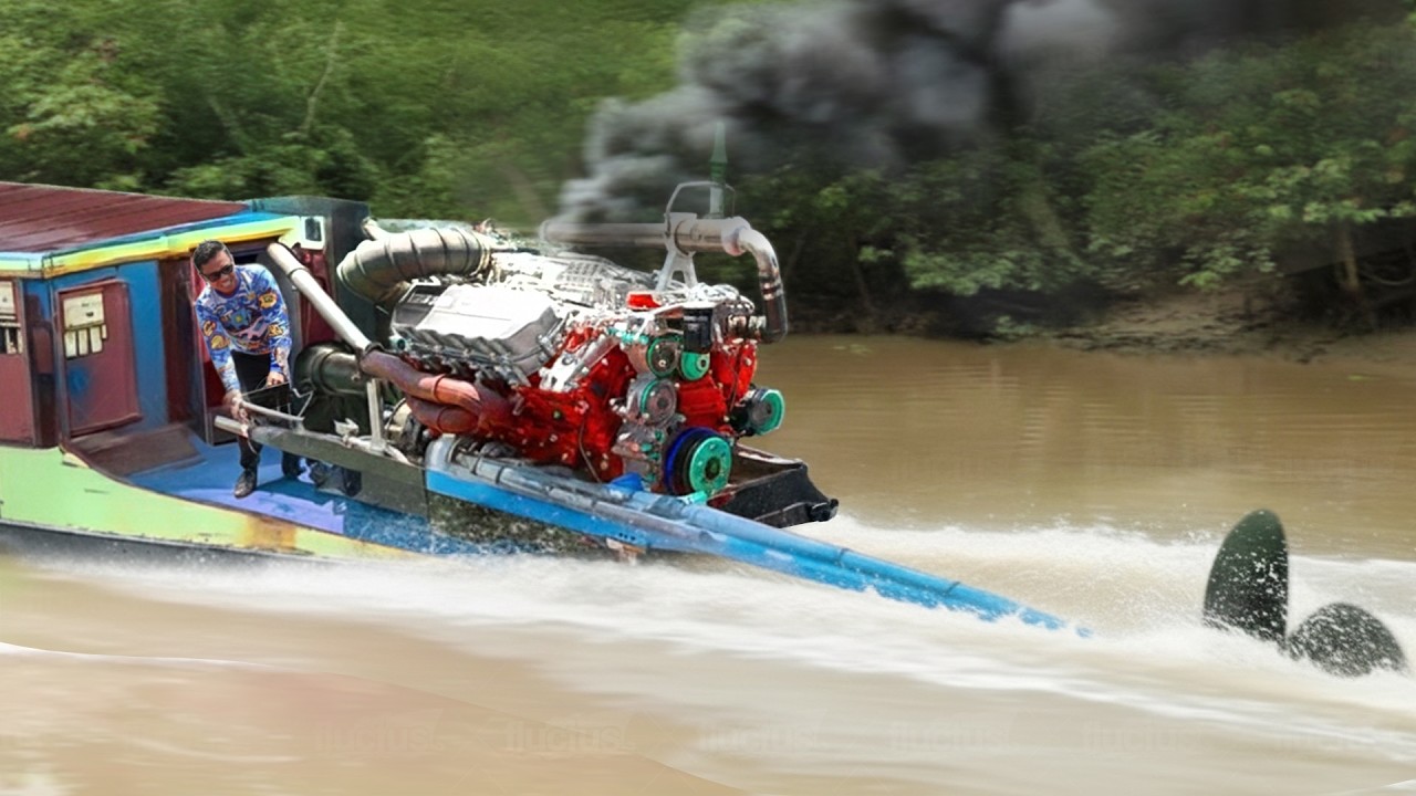 A Day in the Life of Tiny Boat With Dangerous Massive V8 Diesel Truck Engine