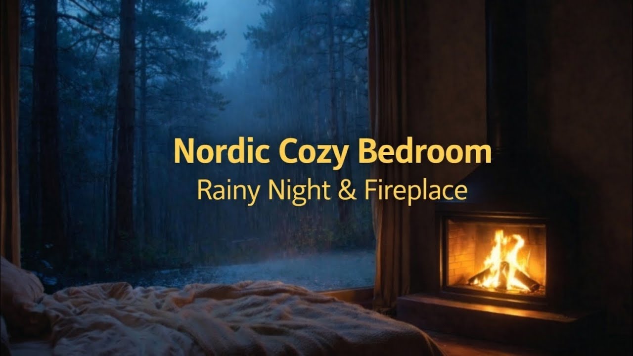 Scandinavian Cozy Room | Soft Rain on Window & Warm Firelight #relax #rain #cozynights #asmrrain