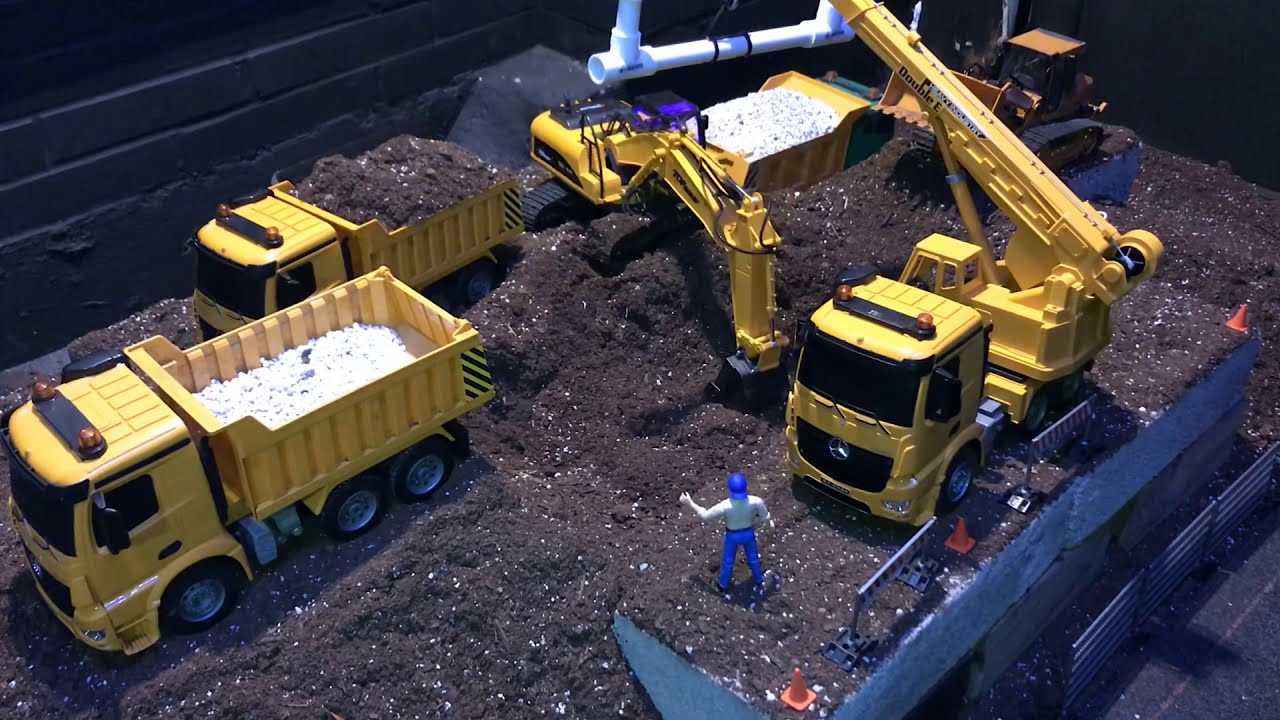 RC Construction equipment at work (excavator, police car, fire truck, dump truck, bulldozer) part 1