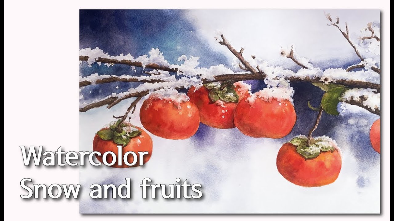 ❄️☃️How to paint snow, fruit, tree, winter in watercolor 겨울풍경수채화, 눈, 감, 나무그리기